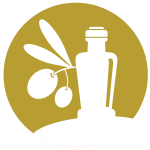 Gold circle icon with a white oil bottle and olives hanging off it