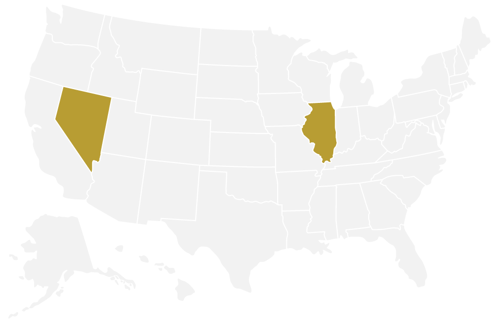 Grey map of the United States with Nevada and Illinois highlighted in gold