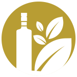 Gold circle icon with a white oil bottle and leaves