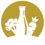 Gold circle icon with white broccoli, oil bottle and carrot inside