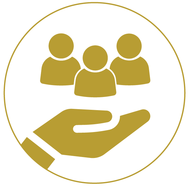 Hand holding 3 people figures gold icon