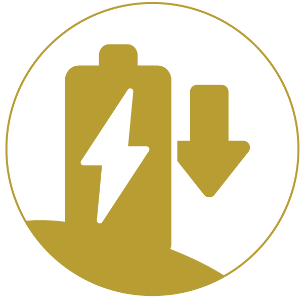 Battery with an energy symbol inside and a downward arrow gold icon