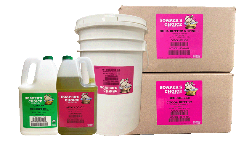 An array of soaper's choice branded boxes, bales, and jugs