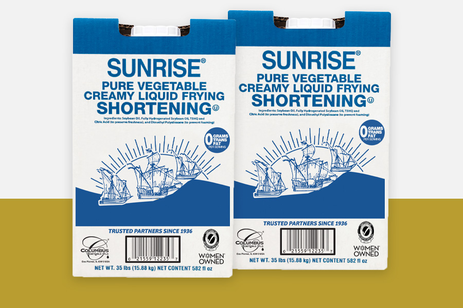 Sunrise Shortening branded boxes of pure vegetable oil creamy liquid frying shortening.