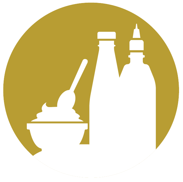 Gold circle icon with white dressings, dips, and sauces inside