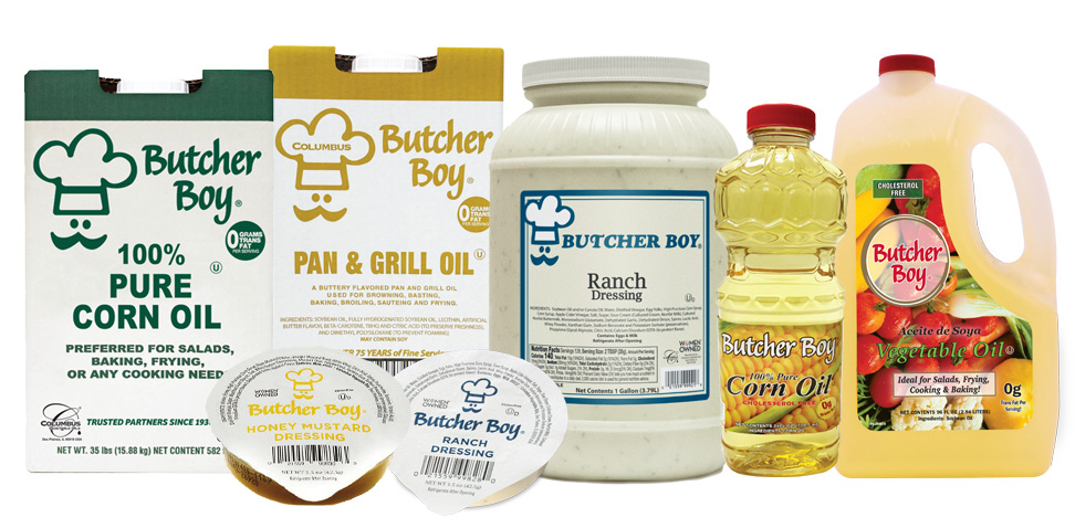 Various Butcher Boy products including 100% pure corn oil, pan and grill oil, 2 butcher boy sauce cups, butcher boy rand dressing tub, 100% pure corn oil and vegetable oil