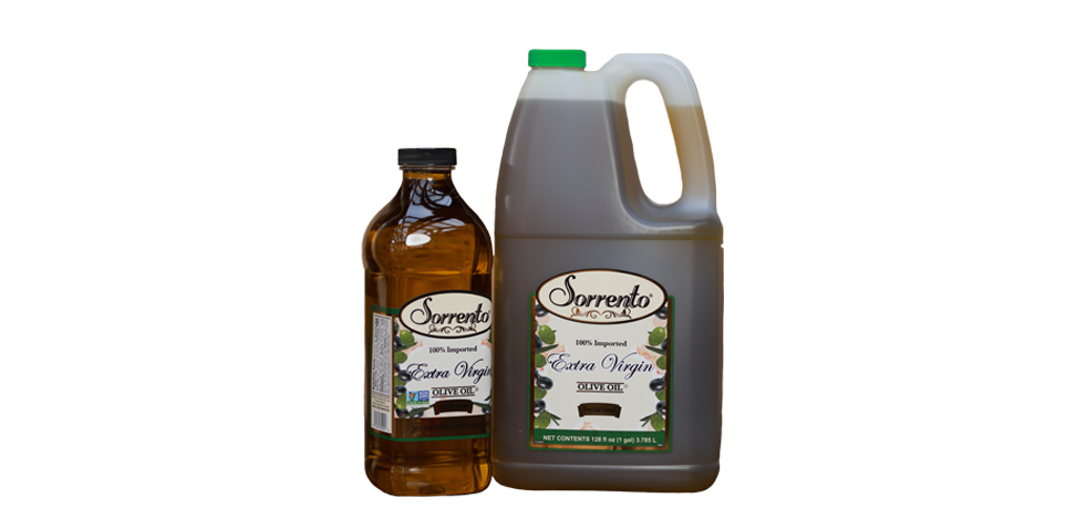 Sorrento branded extra virgin olive oil bottle and jug