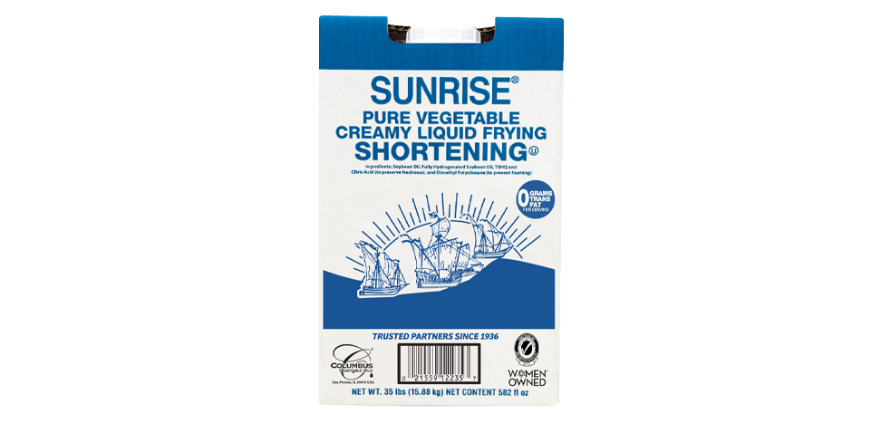 Sunrise Shortening branded boxes of pure vegetable oil creamy liquid frying shortening.